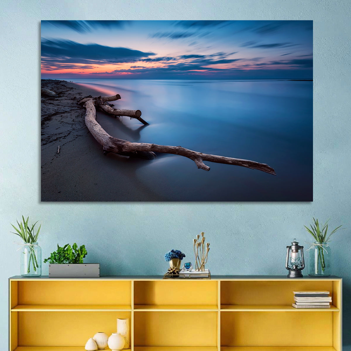 Calm Seascape at Dusk Wall Art in a room, landscape