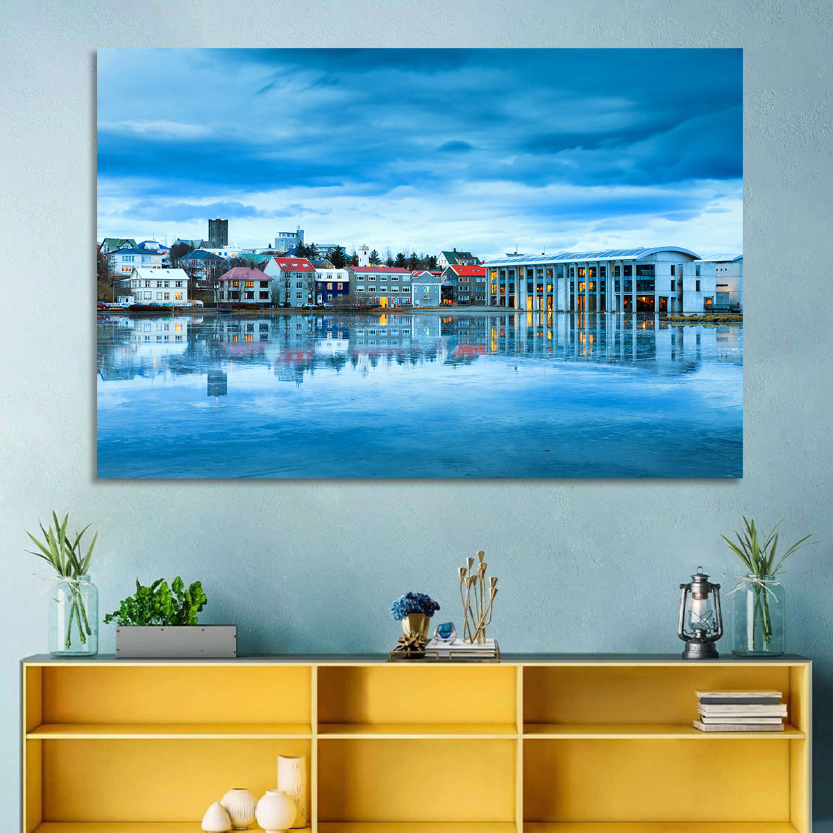 Reykjavik City Hall at Blue Hour Wall Art in a room, landscape