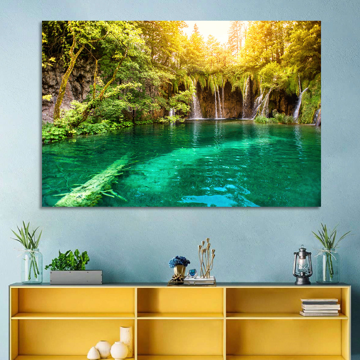 Plitvice Lake Waterfall Wall Art in a room, landscape