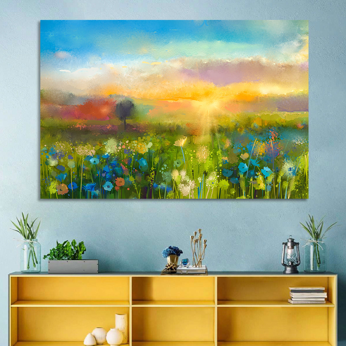 Sunset Wildflower Meadow Wall Art in a room, landscape