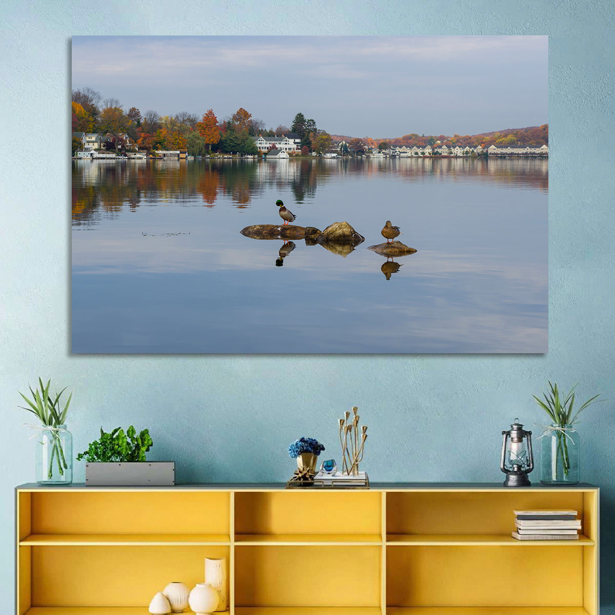 Lake Hopatcong Autumn Reflection Wall Art in a room, landscape