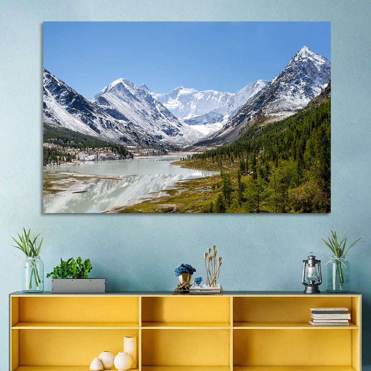 Akkem Lake Reflection Wall Art in a room, landscape