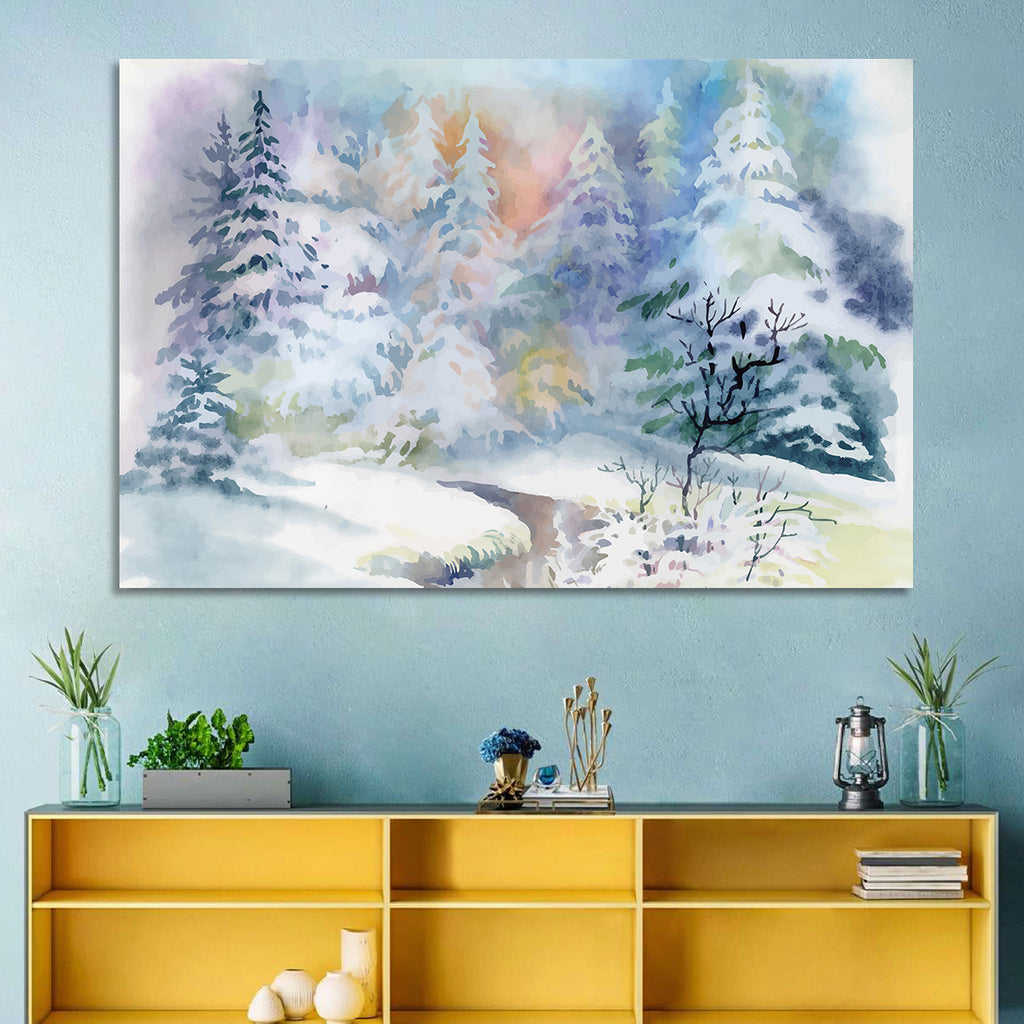 Winding Winter Stream Watercolor Wall Art