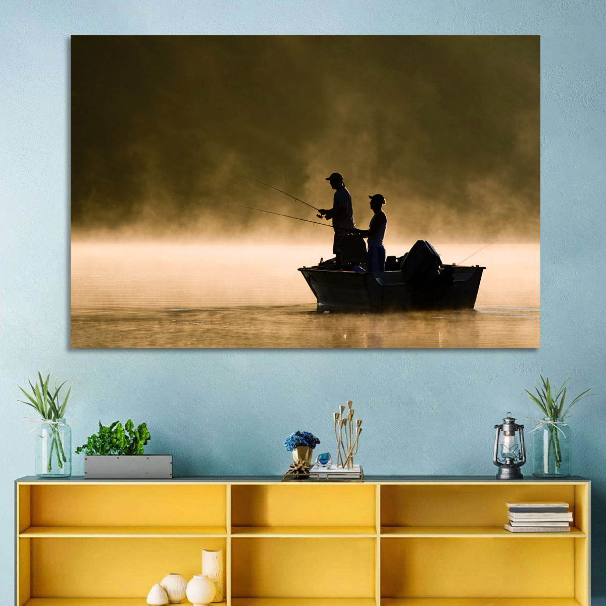 Misty Lake Fishing Wall Art in a room, landscape