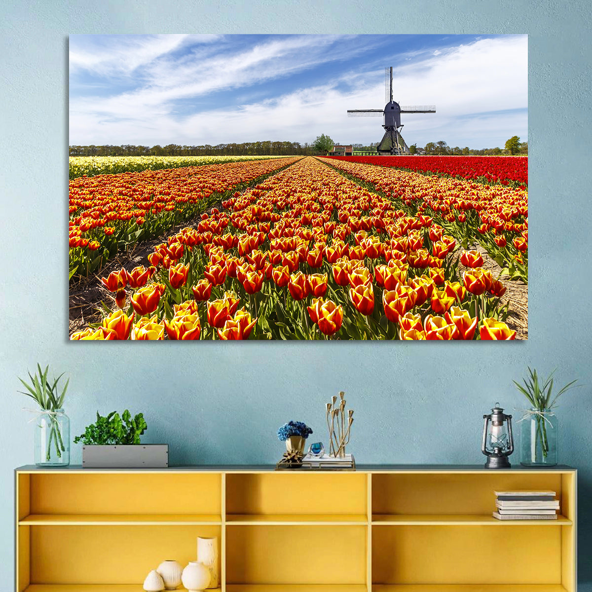 Windmill Over Tulip Fields Wall Art in a room, landscape