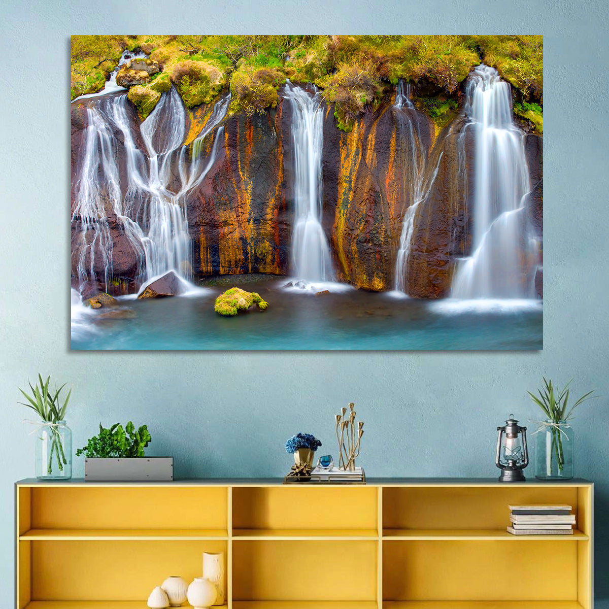 Hraunfossar Falls Wall Art in a room, landscape