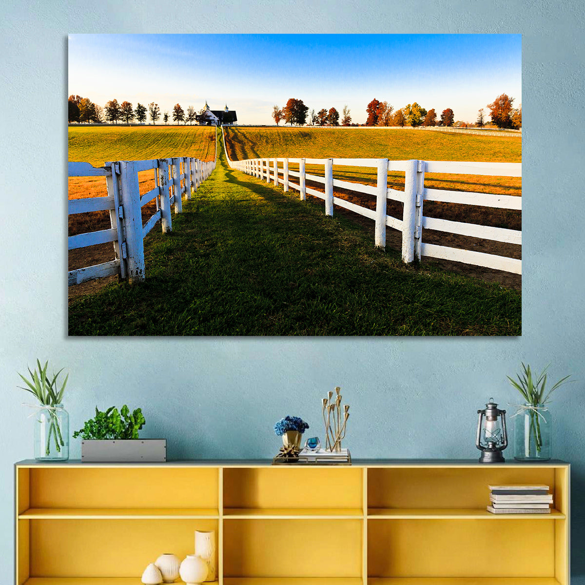 Kentucky Horse Farm at Golden Hour Wall Art in a room, landscape