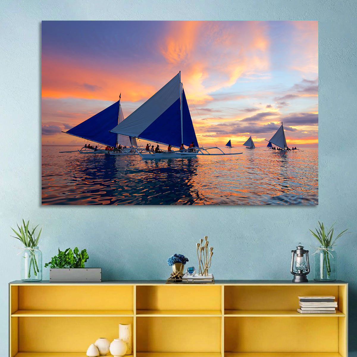 Outrigger Sailboats at Sunset Wall Art