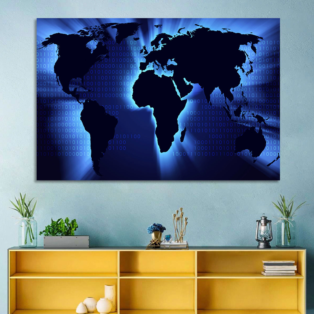 Glowing Digital World Map Wall Art