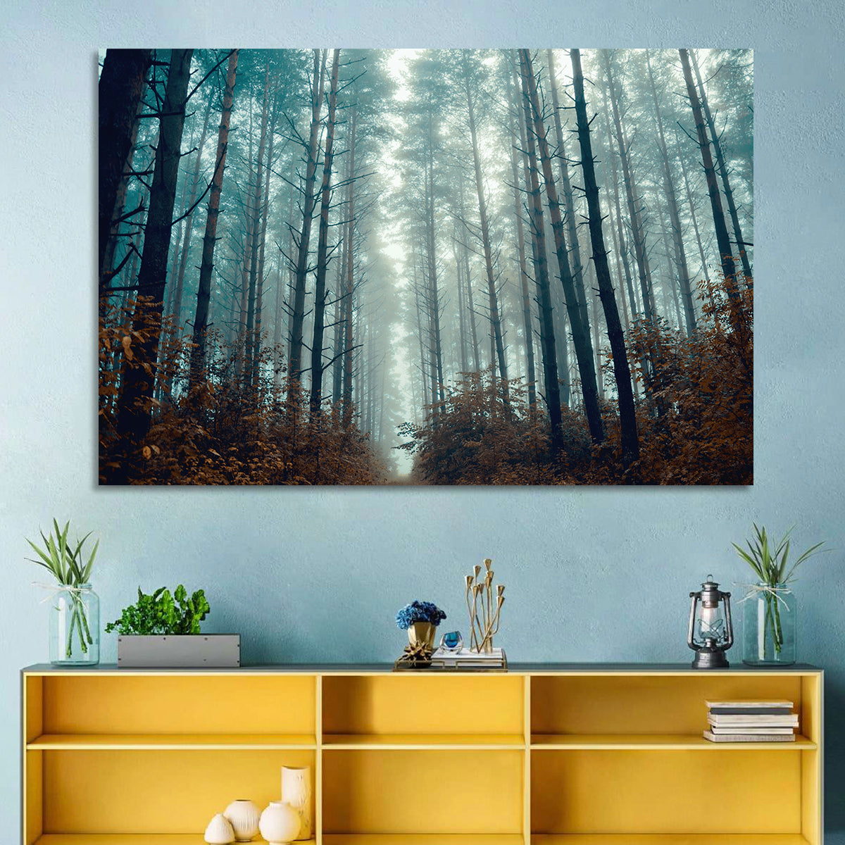Misty Pine Forest Wall Art in a room, landscape