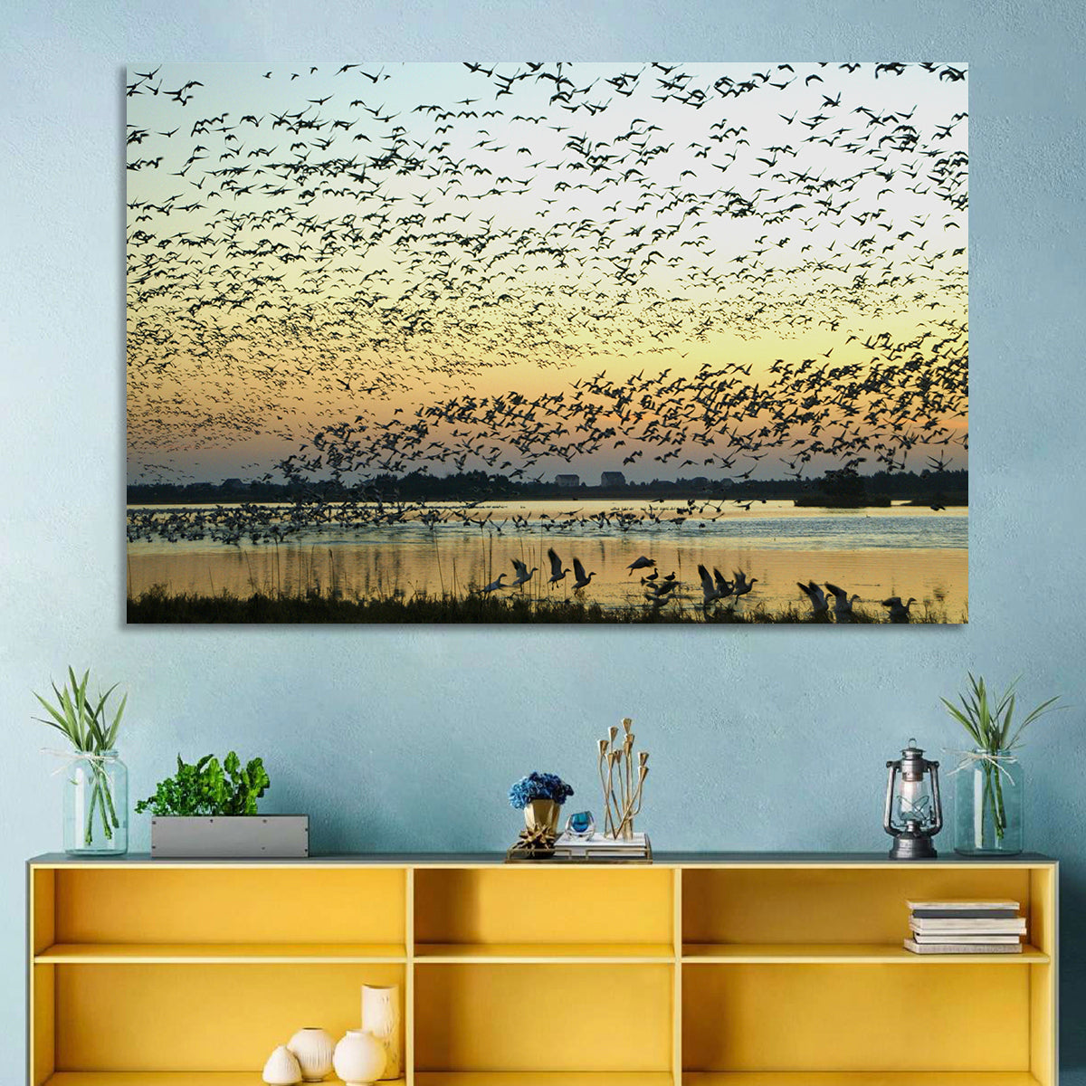 Snow Geese Over River Wall Art in a room, landscape