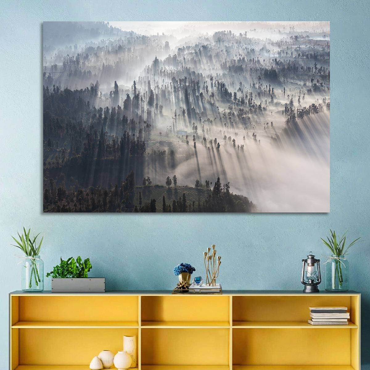 Misty Forest Sunrise Wall Art in a room, landscape