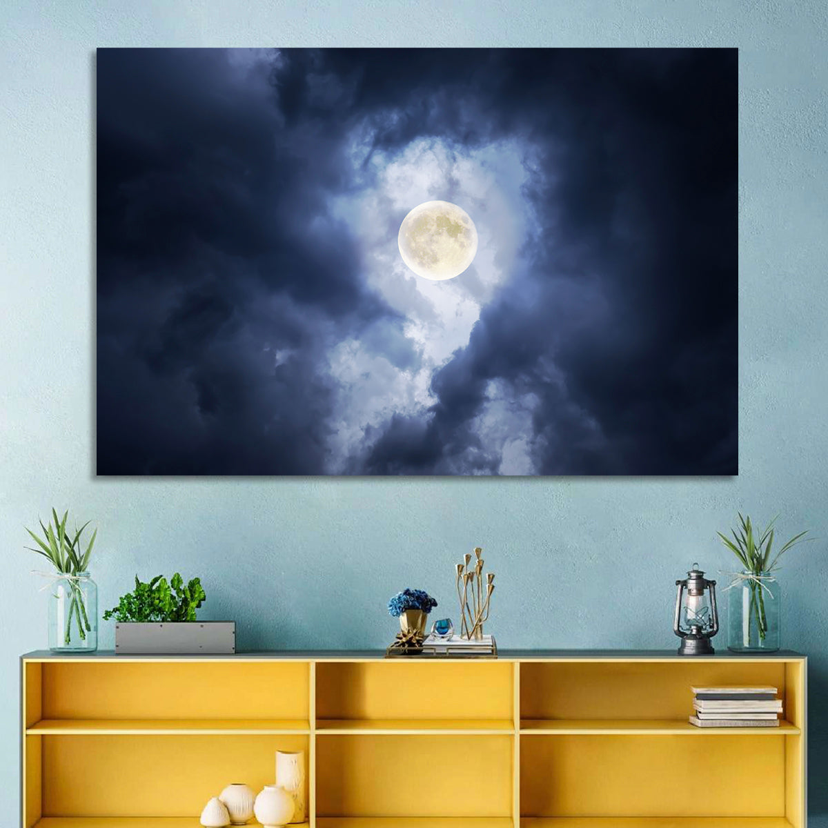 Supermoon Through Storm Clouds Wall Art in a room, landscape