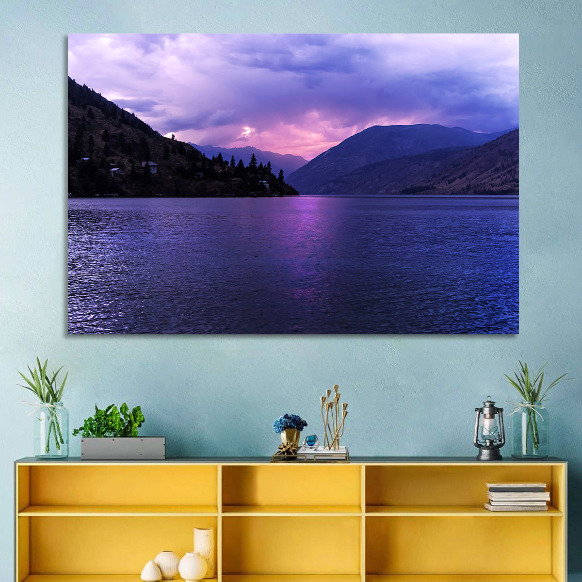 Lake Chelan Violet Sunset Wall Art in a room, landscape