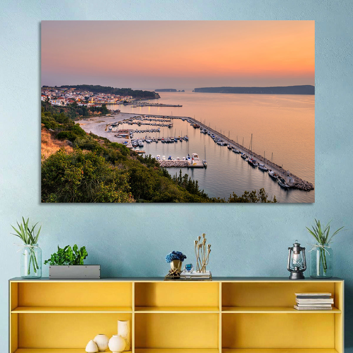 Pylos Harbor Lighthouse Sunset Wall Art