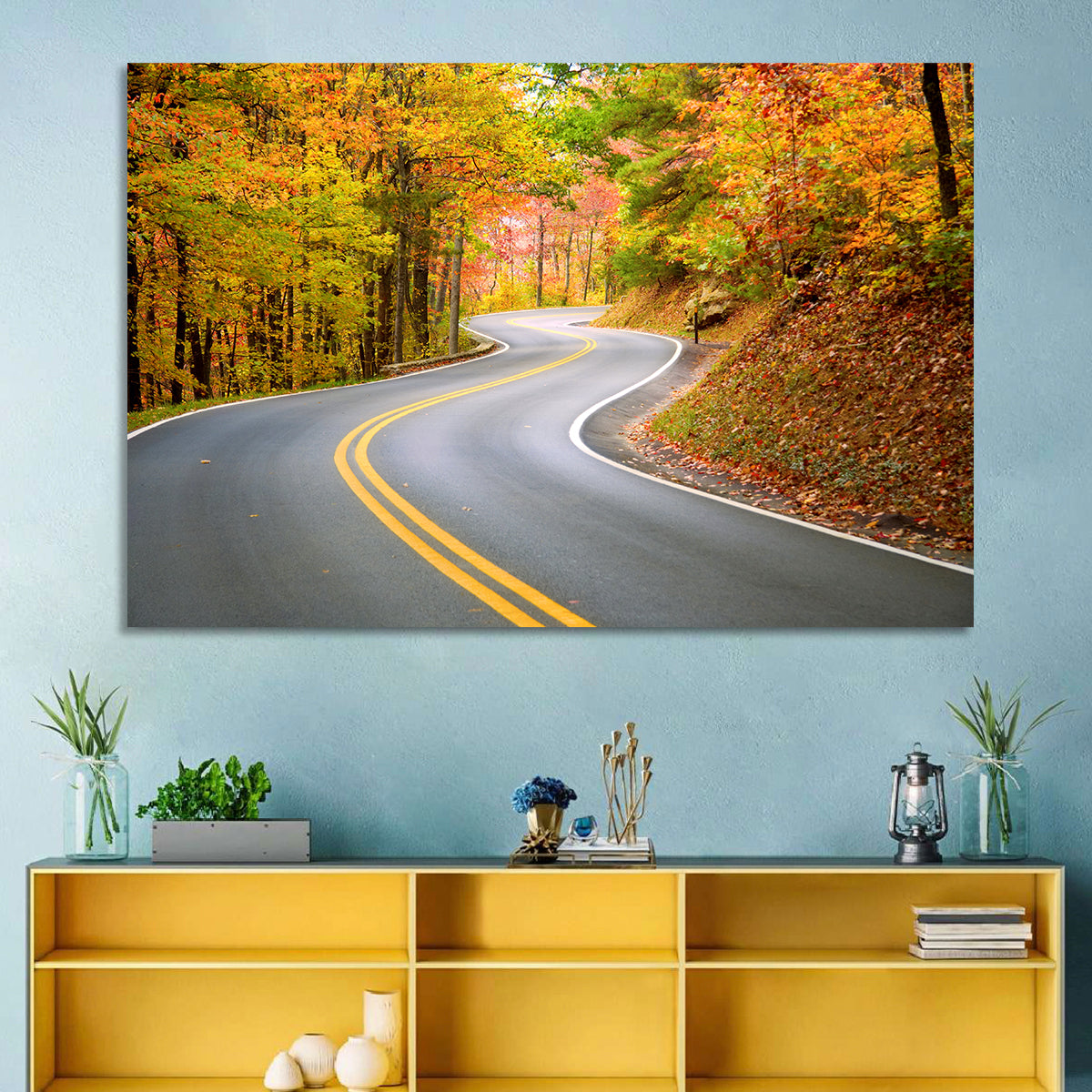 Winding Autumn Road Wall Art in a room, landscape