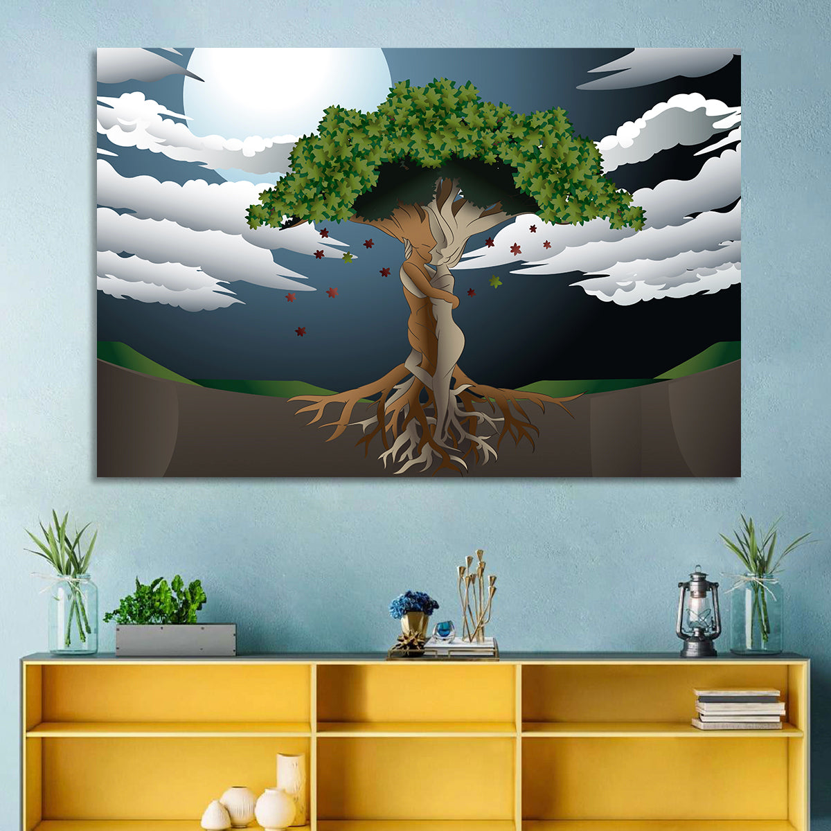 Moonlit Lovers Tree Wall Art in a room, landscape