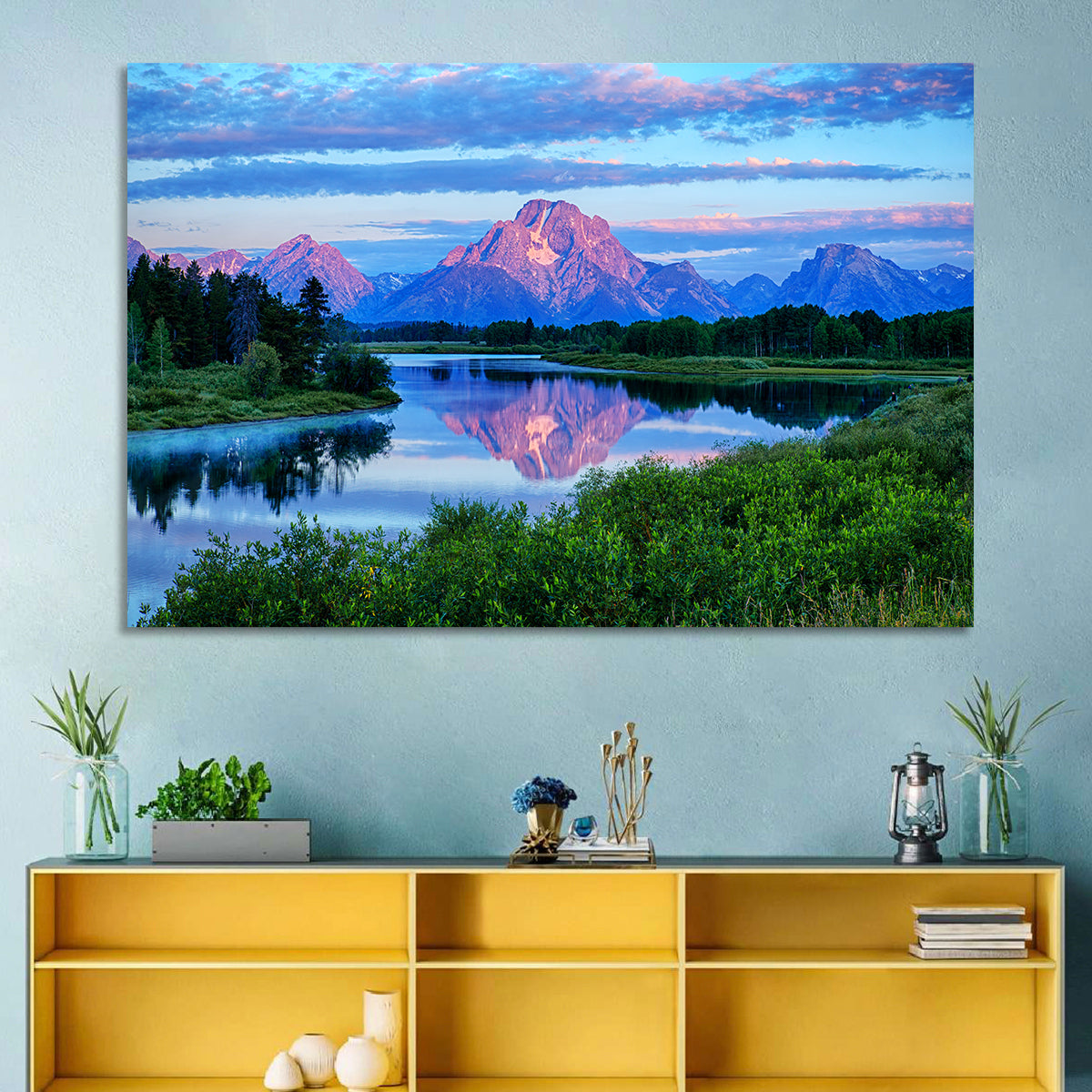 Oxbow Bend Dawn Reflection Wall Art in a room, landscape