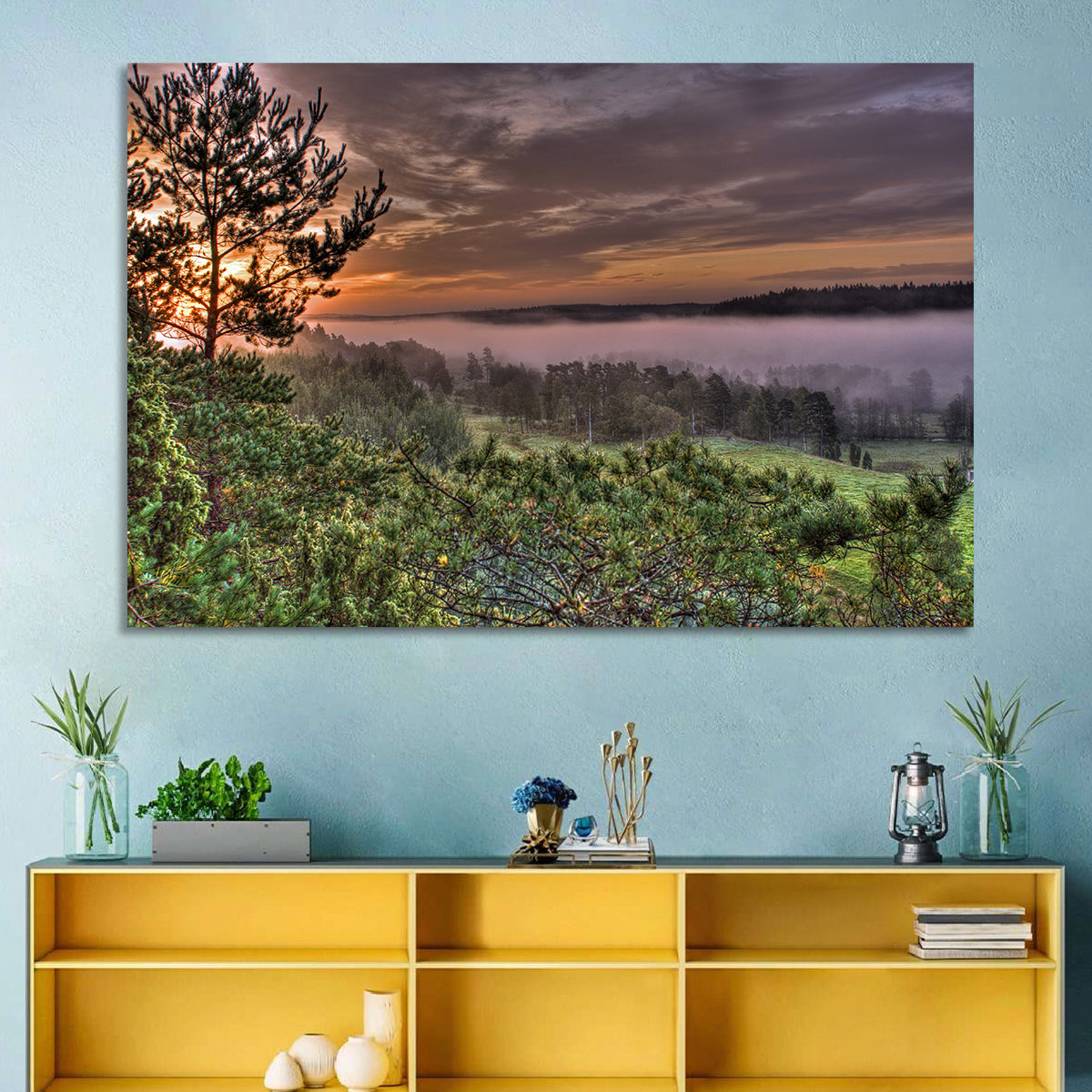Misty Swedish Pine Valley Wall Art in a room, landscape