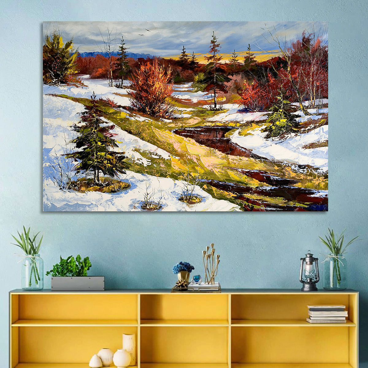 Snowy Stream Through Evergreens Wall Art in a room, landscape