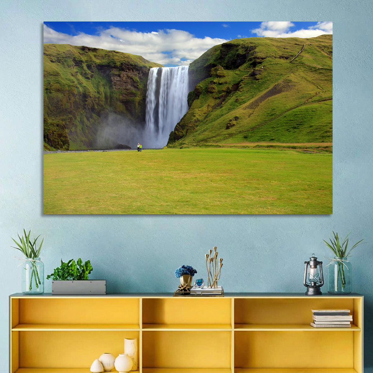 Skógafoss Waterfall Wall Art in a room, landscape