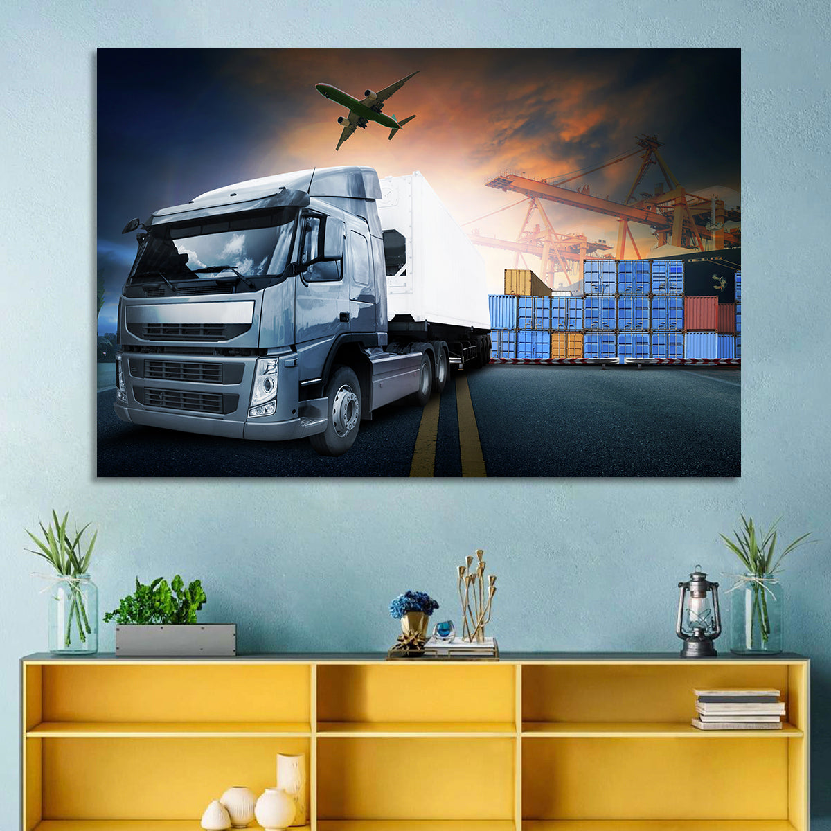 Sunset Freight Terminal Truck Scene Wall Art in a room, landscape