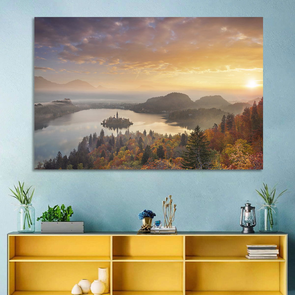 Autumn Morning at Lake Bled Wall Art in a room, landscape