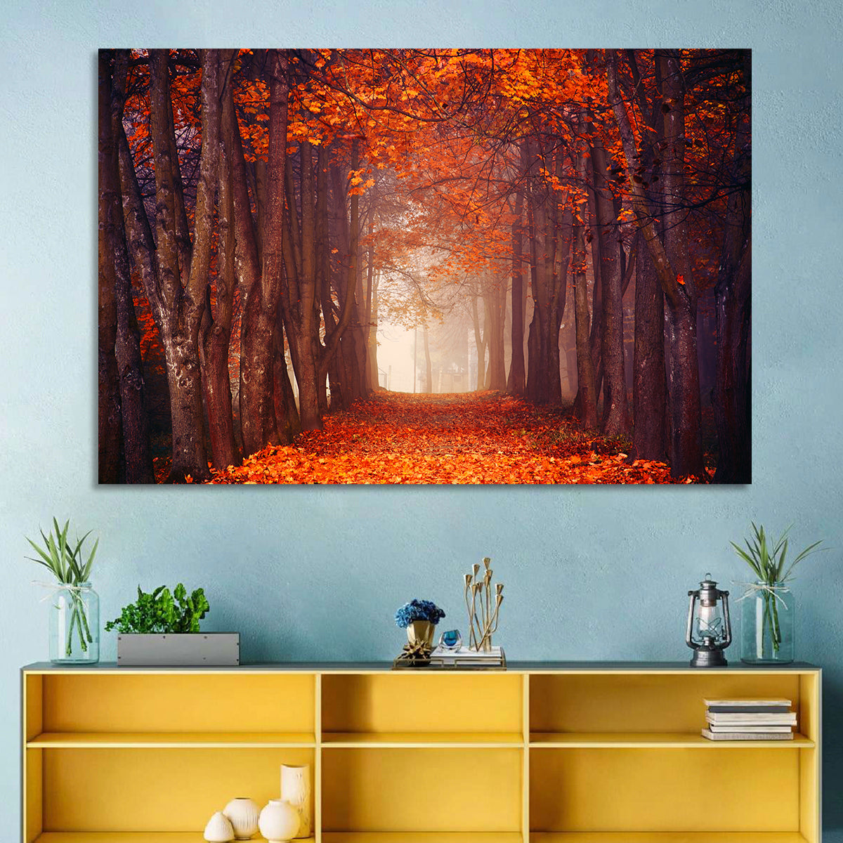 Misty Autumn Forest Path Wall Art in a room, landscape