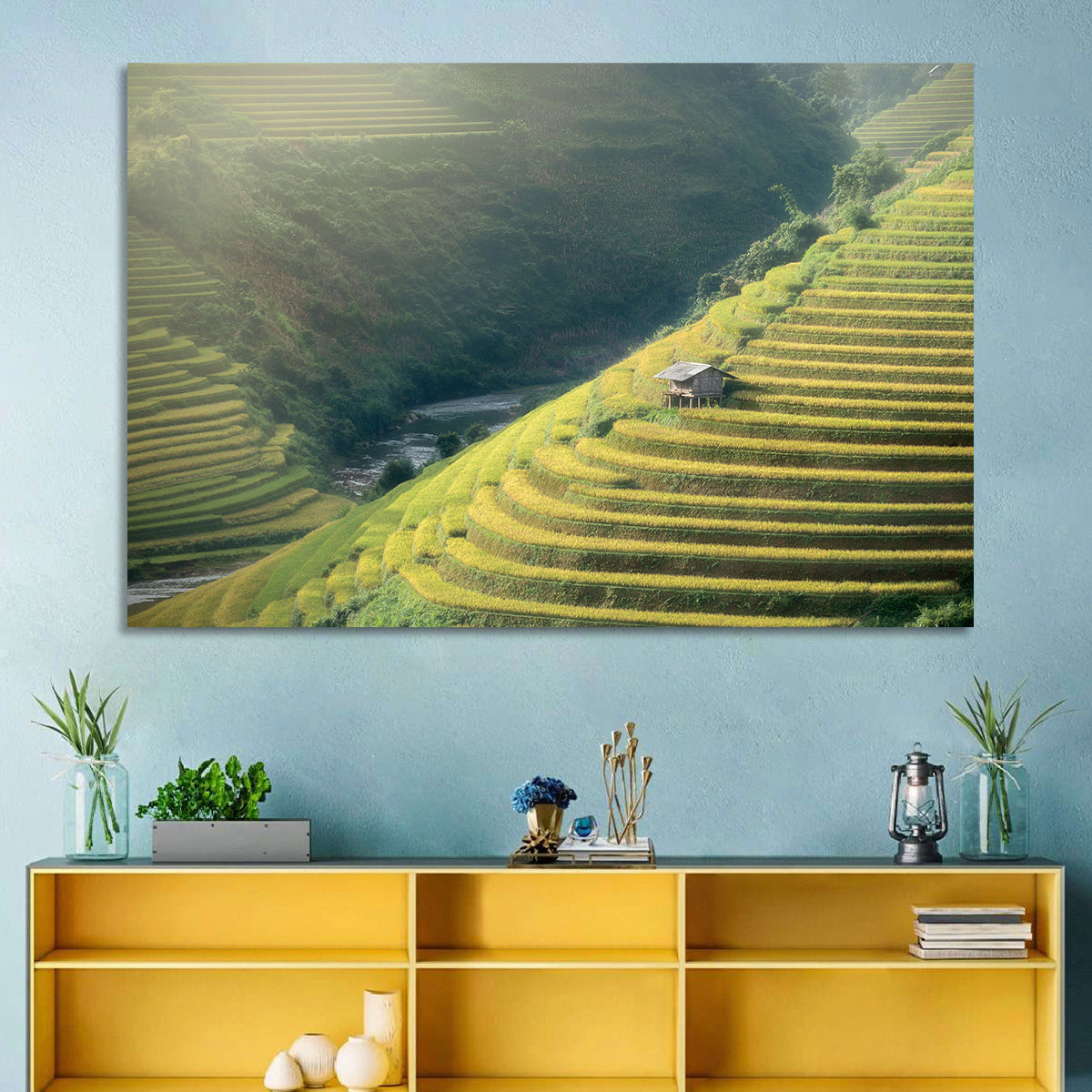 Golden Rice Terraces Wall Art in a room, landscape