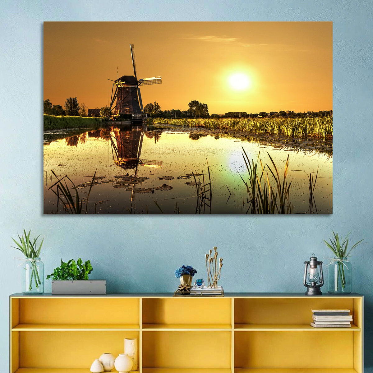 Dutch Windmill at Golden Hour Wall Art in a room, landscape