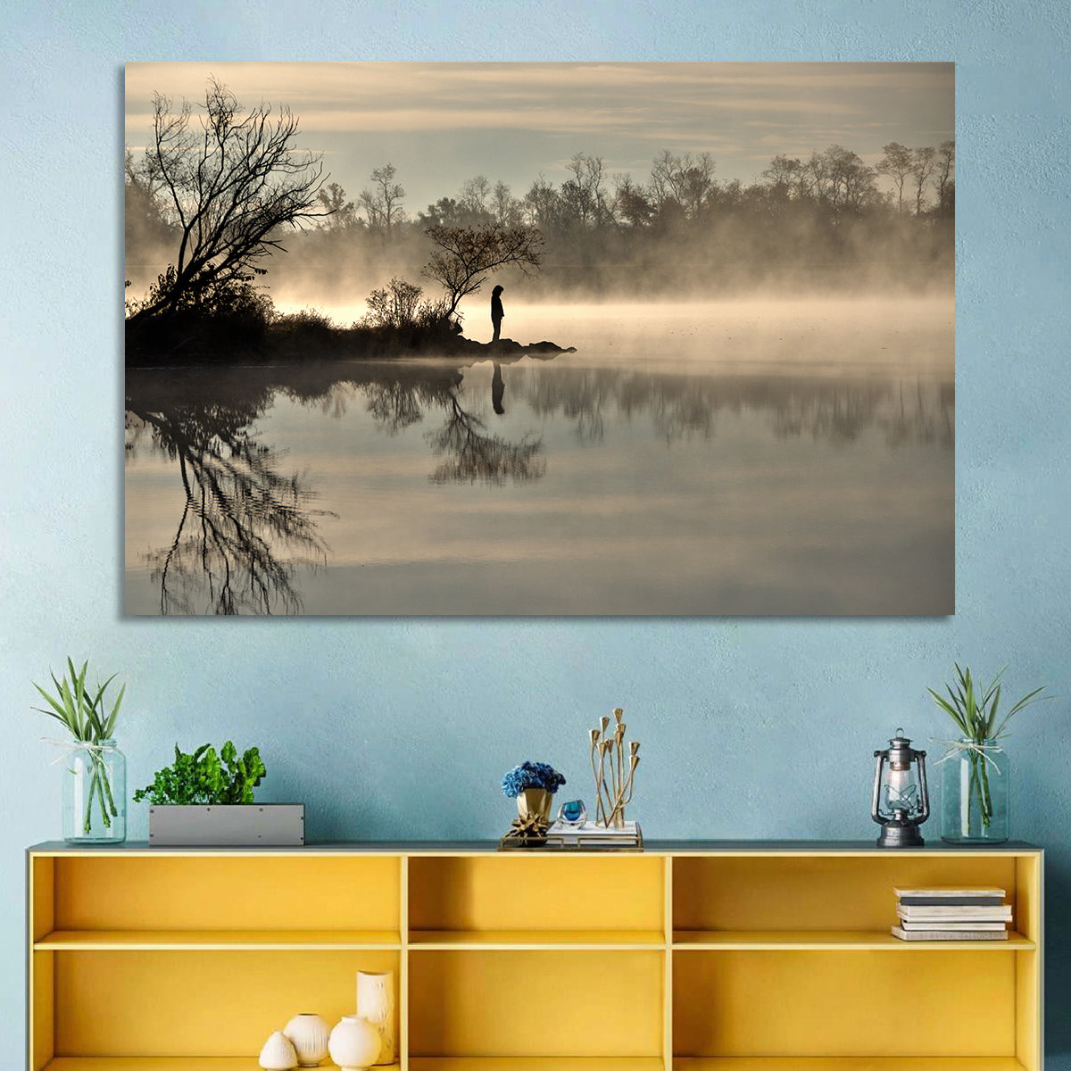 Centennial Lake Mist Wall Art in a room, landscape