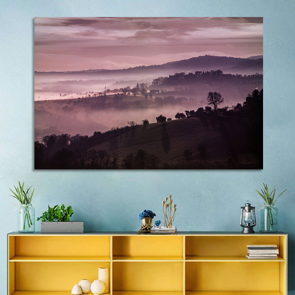 Misty Lavender Hills Wall Art in a room, landscape