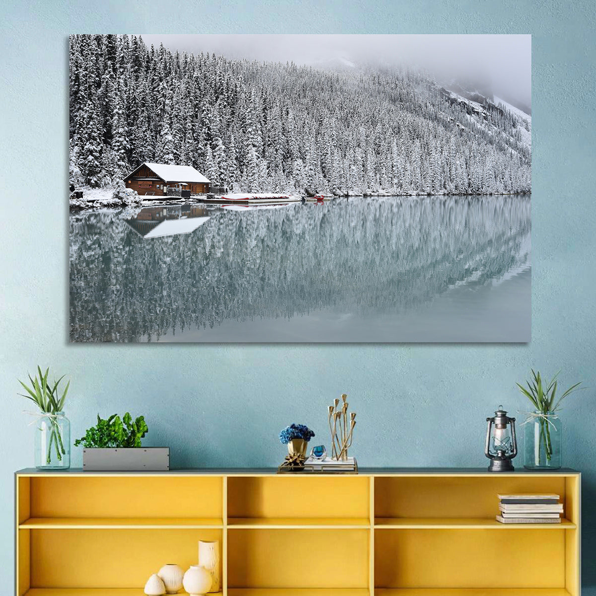 Lake Louise Winter Reflection Wall Art in a room, landscape