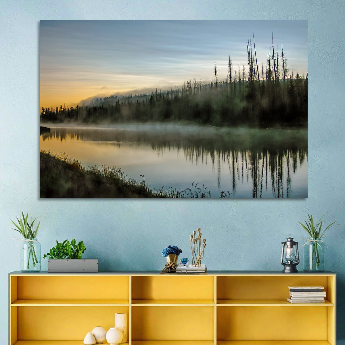 Yellowstone River Morning Mist Wall Art in a room, landscape