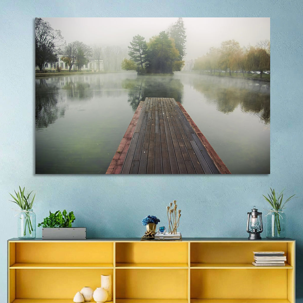Wooden Pier on Foggy Lake Wall Art