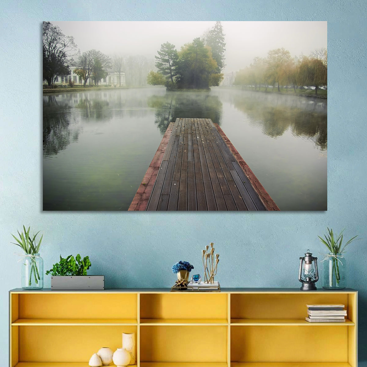 Wooden Pier on Foggy Lake Wall Art in a room, landscape