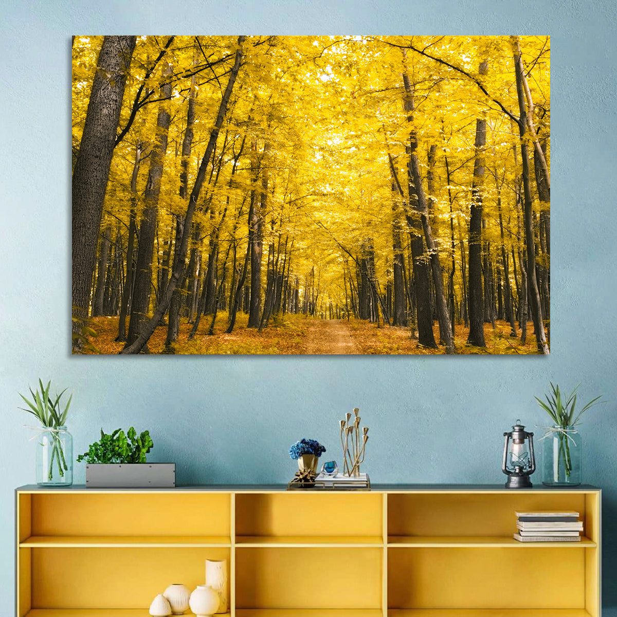 Yellow Autumn Forest Path Wall Art in a room, landscape
