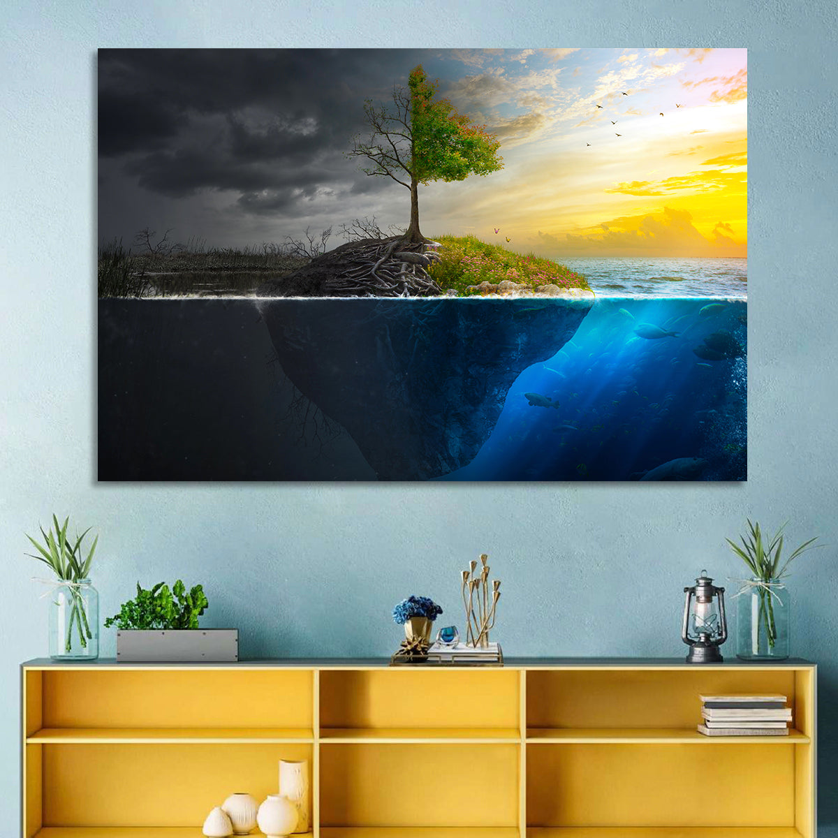 Split Island Tree of Duality Wall Art in a room, landscape