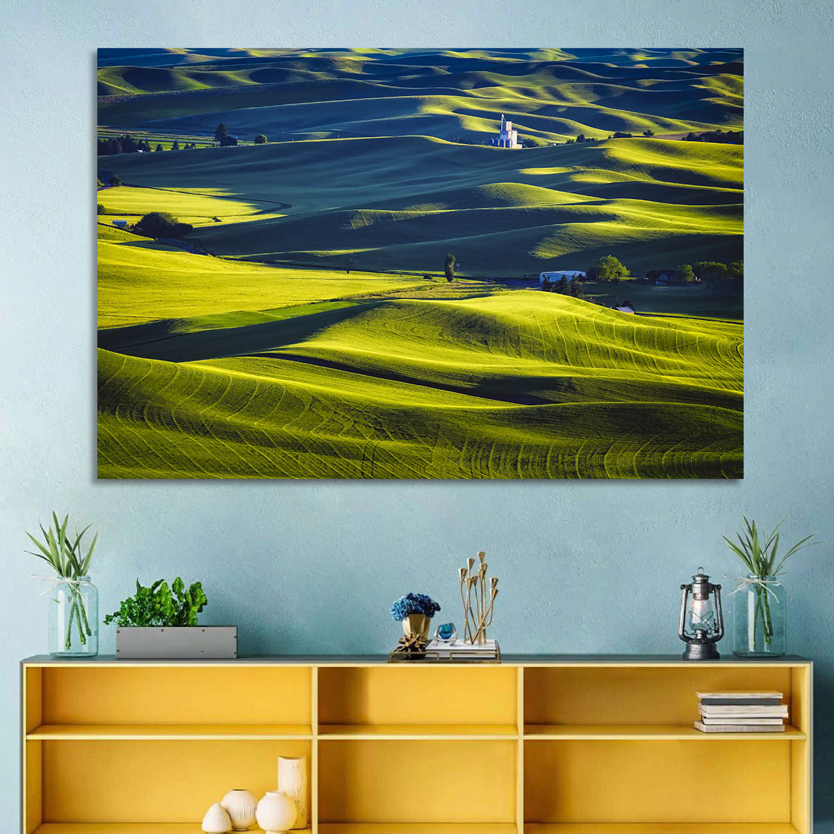 Palouse Hills with Grain Elevator Wall Art in a room, landscape