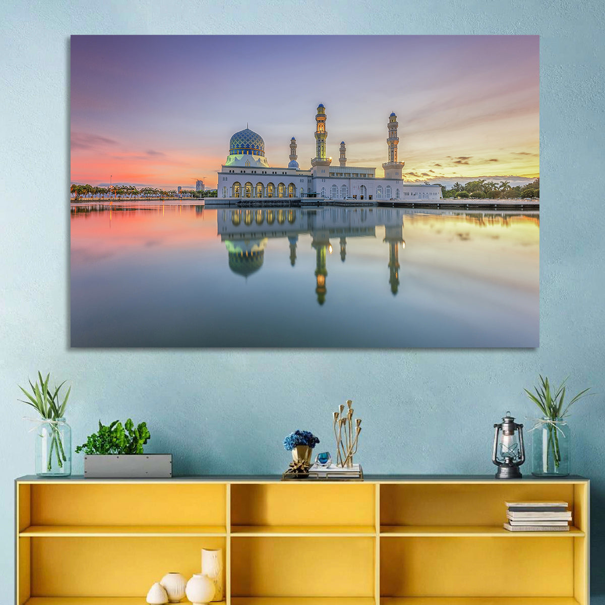 Kota Kinabalu City Mosque at Sunrise Wall Art in a room, landscape