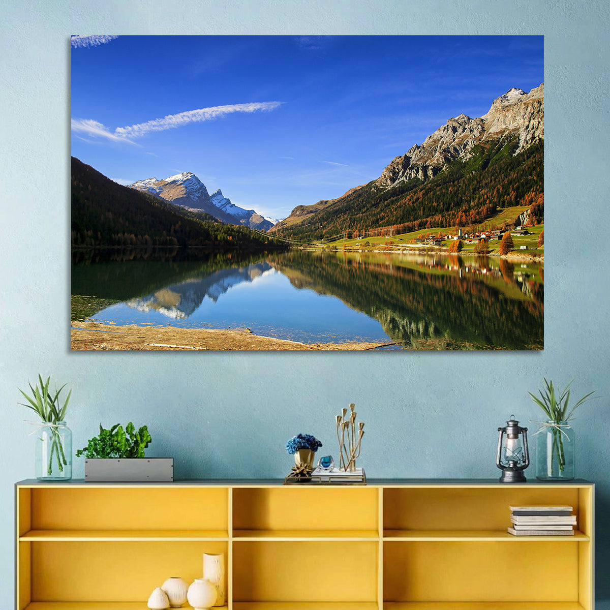Lake Sils Morning Reflection Wall Art in a room, landscape