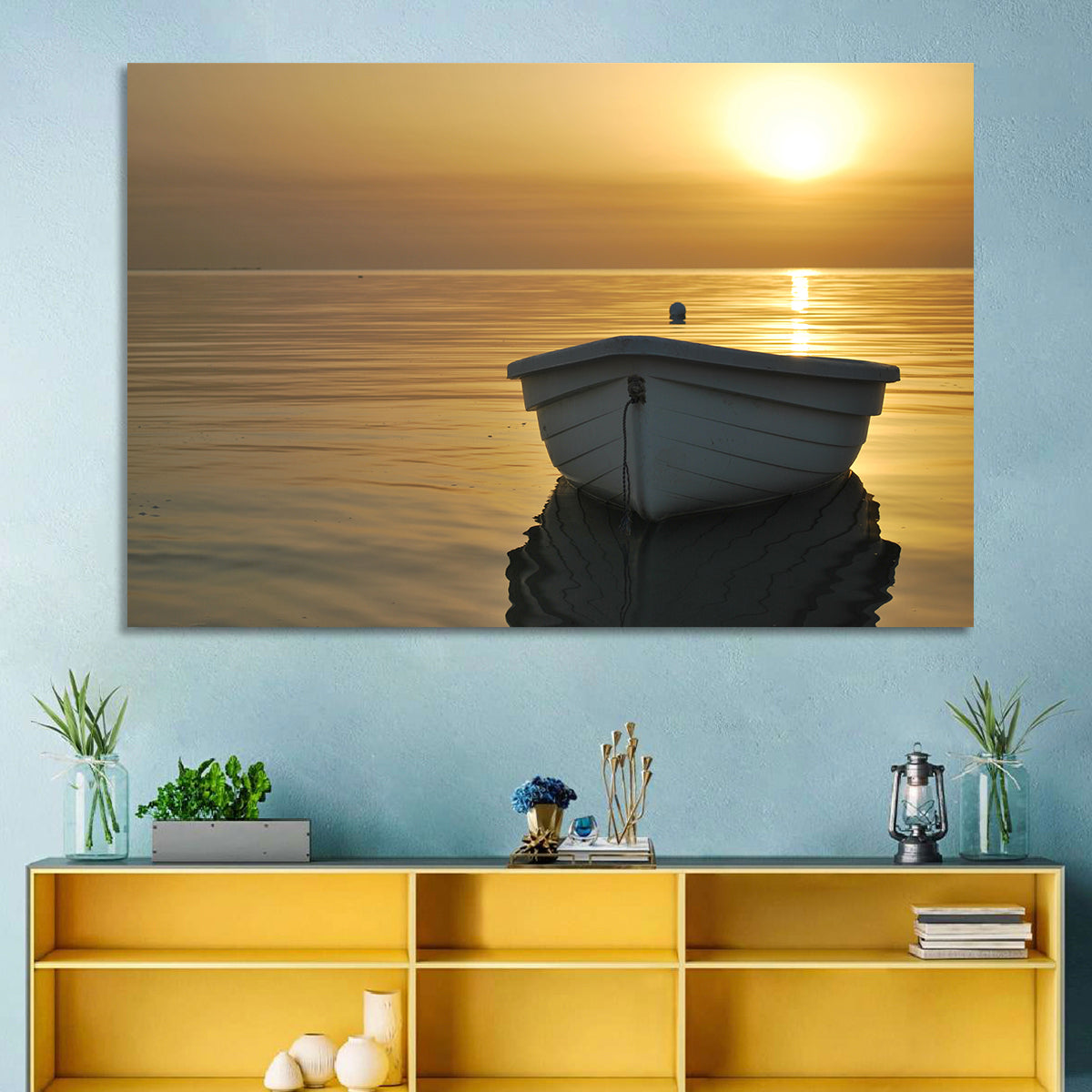White Rowboat on Golden Sea Wall Art