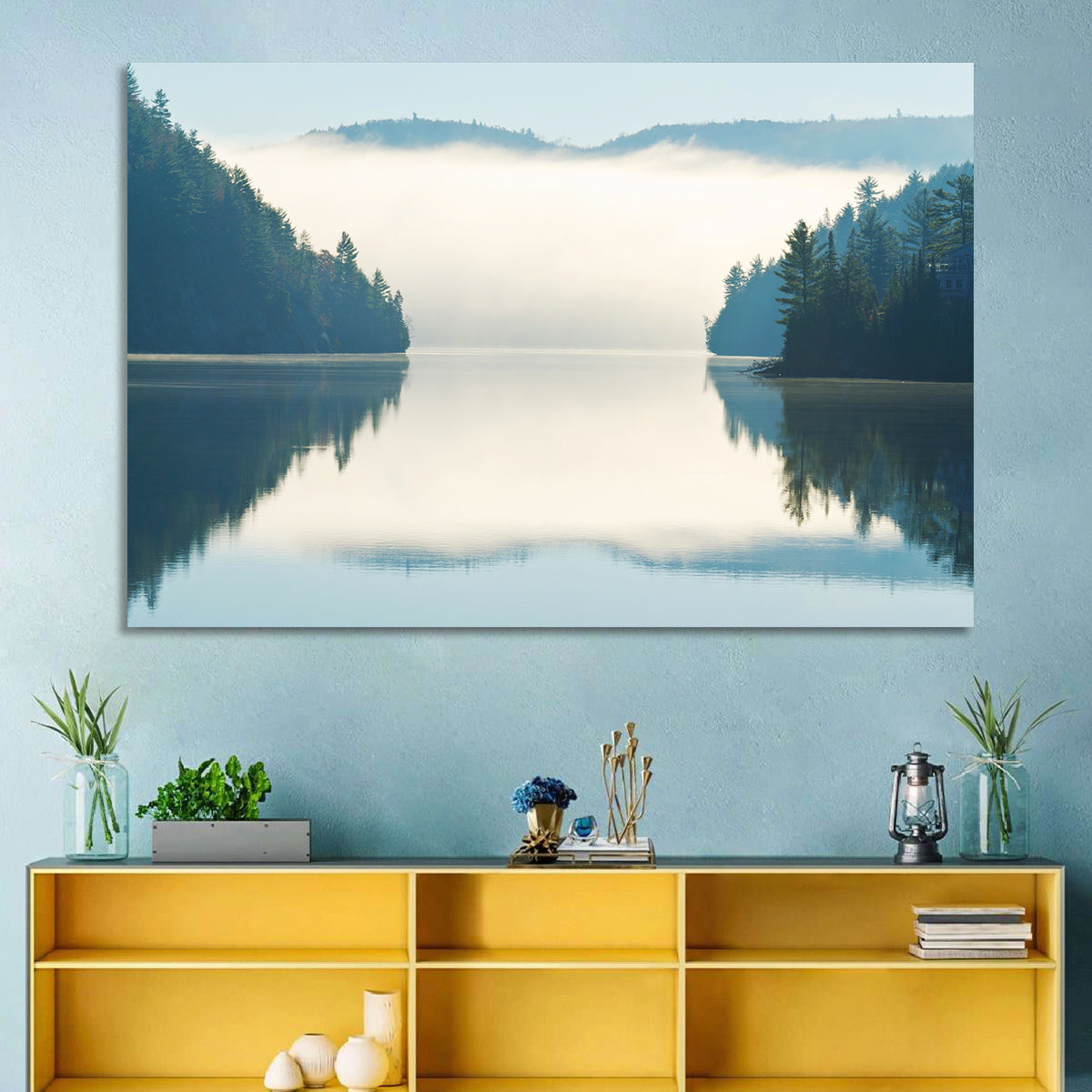 Foggy Lake Morning Wall Art in a room, landscape