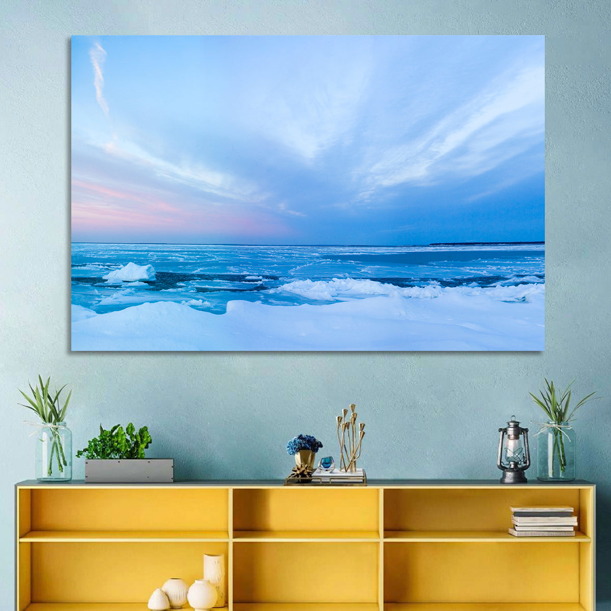 Frozen Blue Seascape Wall Art in a room, landscape