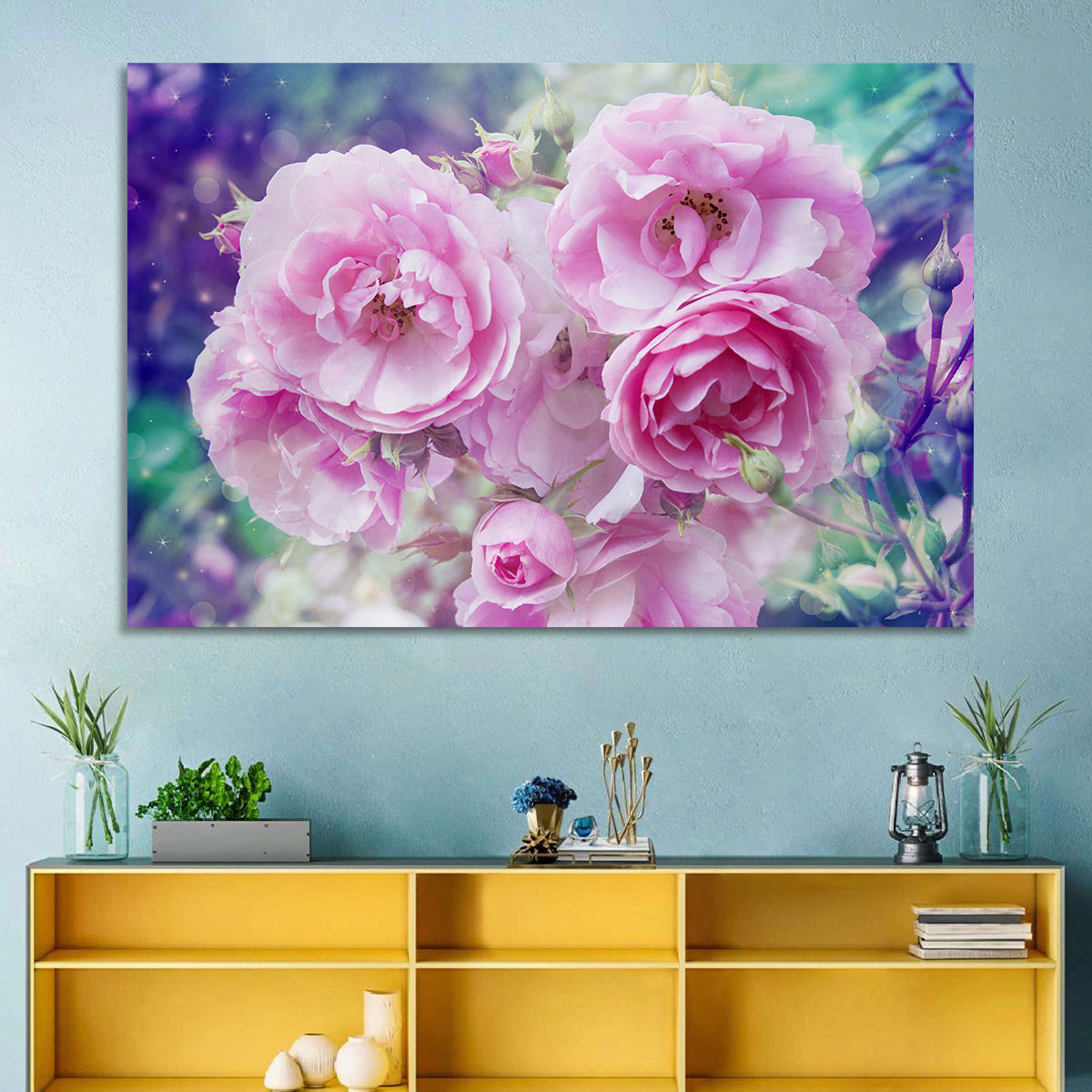 Springtime Pink Rose Cluster Wall Art in a room, landscape