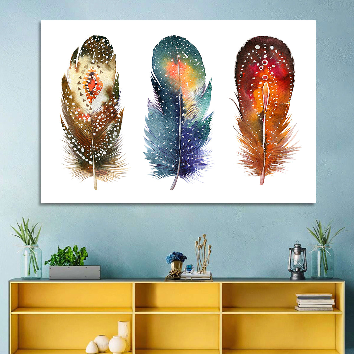 Boho Watercolor Feather Trio Wall Art