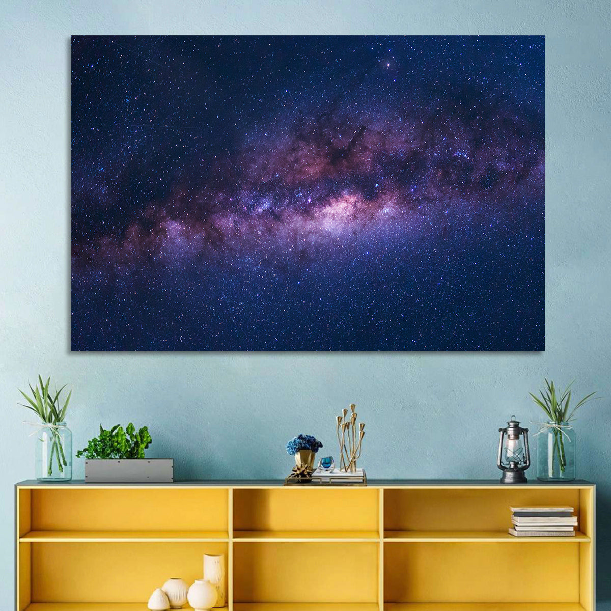 Violet Blue Milky Way Galaxy Wall Art in a room, landscape
