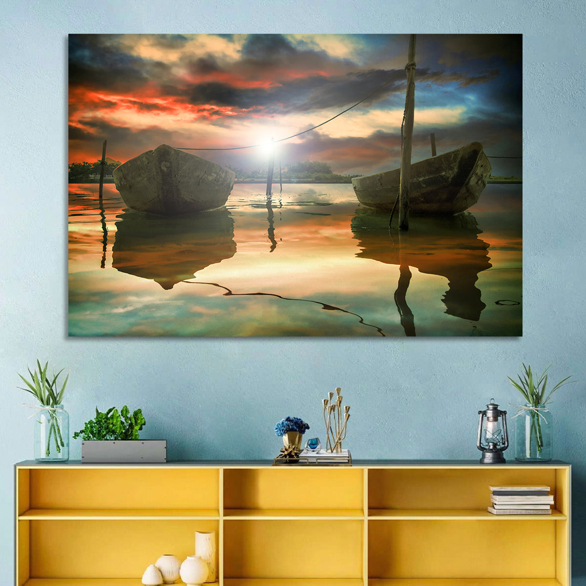 Two Wooden Boats at Sunset Wall Art