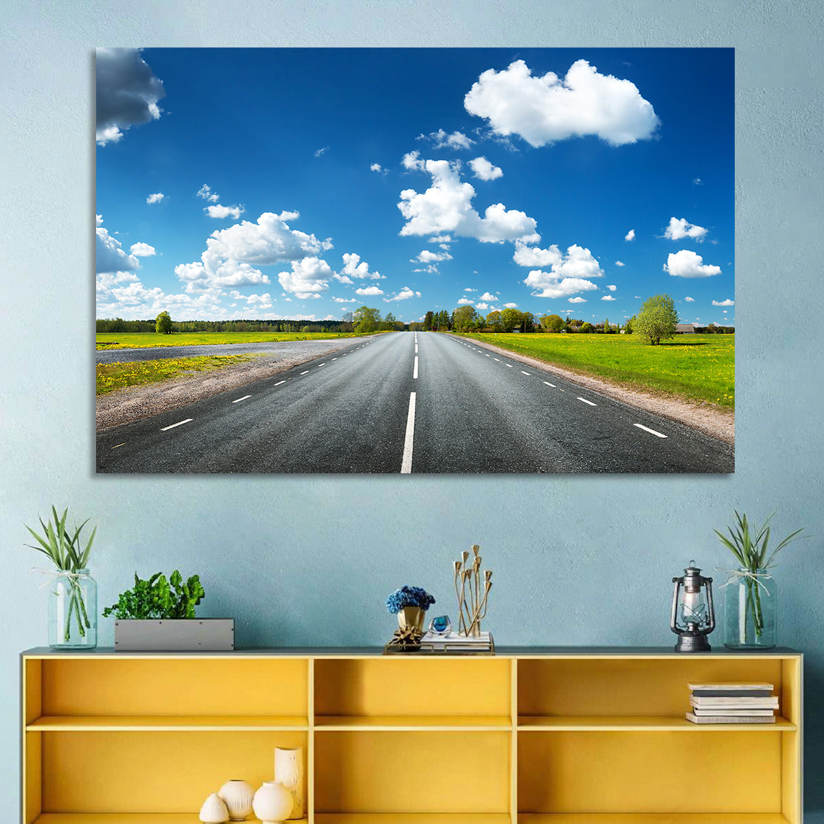 Asphalt Road Through Meadow Wall Art in a room, landscape