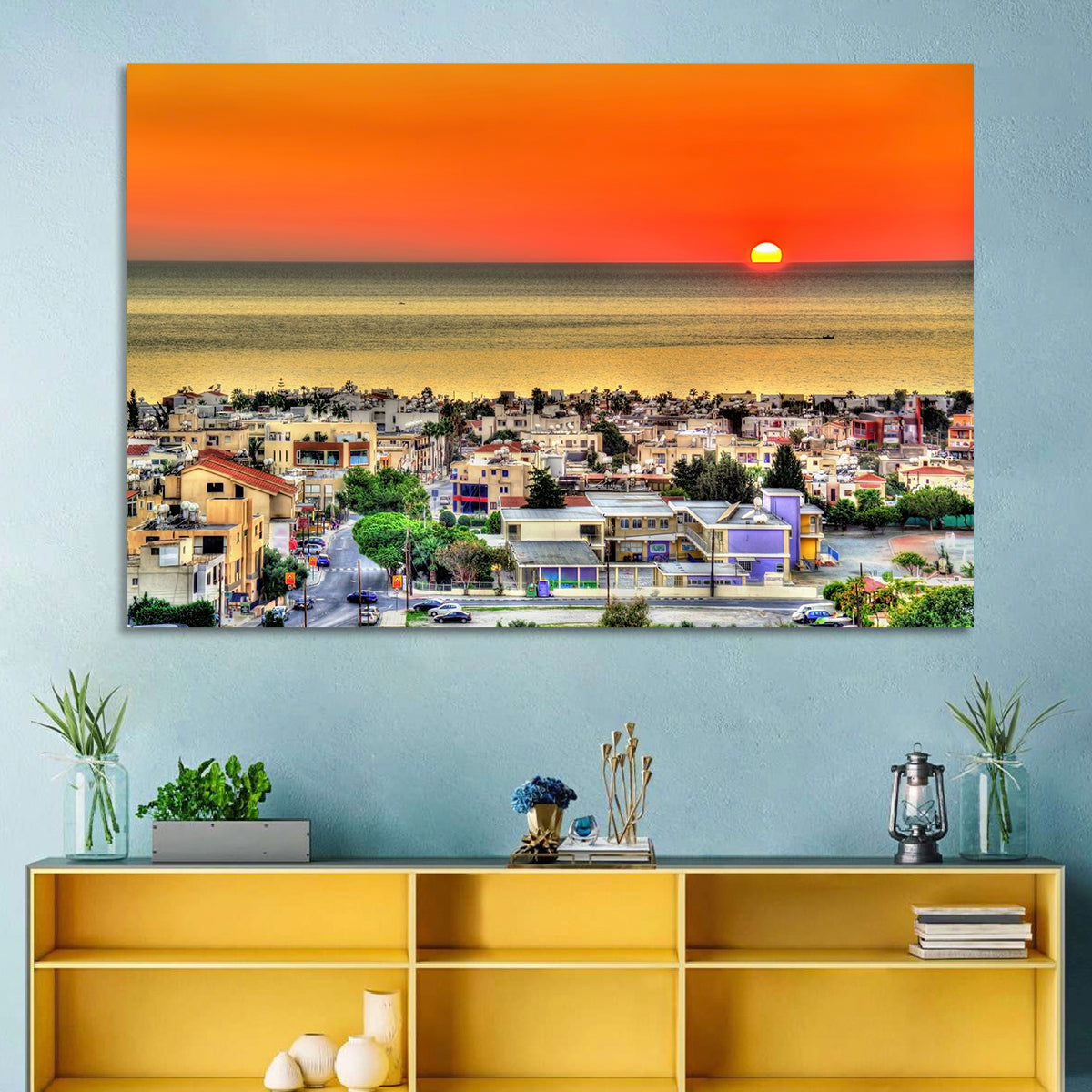 Paphos Sunset Wall Art in a room, landscape